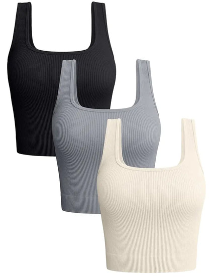 Women's 3 Piece Tank Tops Ribbed Seamless Workout Exercise Shirts Yoga Crop Tops asu