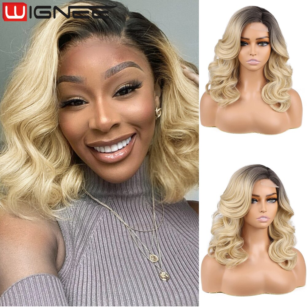 Wignee Body Wave Wig Side Part Synthetic Lace Wigs Ombre 613 Blonde Bob Short Wigs For Black Women Perruque Cosplay Daily Use