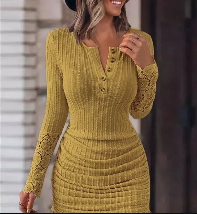 Fashion V-neck Long Sleeve Knitted Bodycon Lace Midi Dress Woman kps