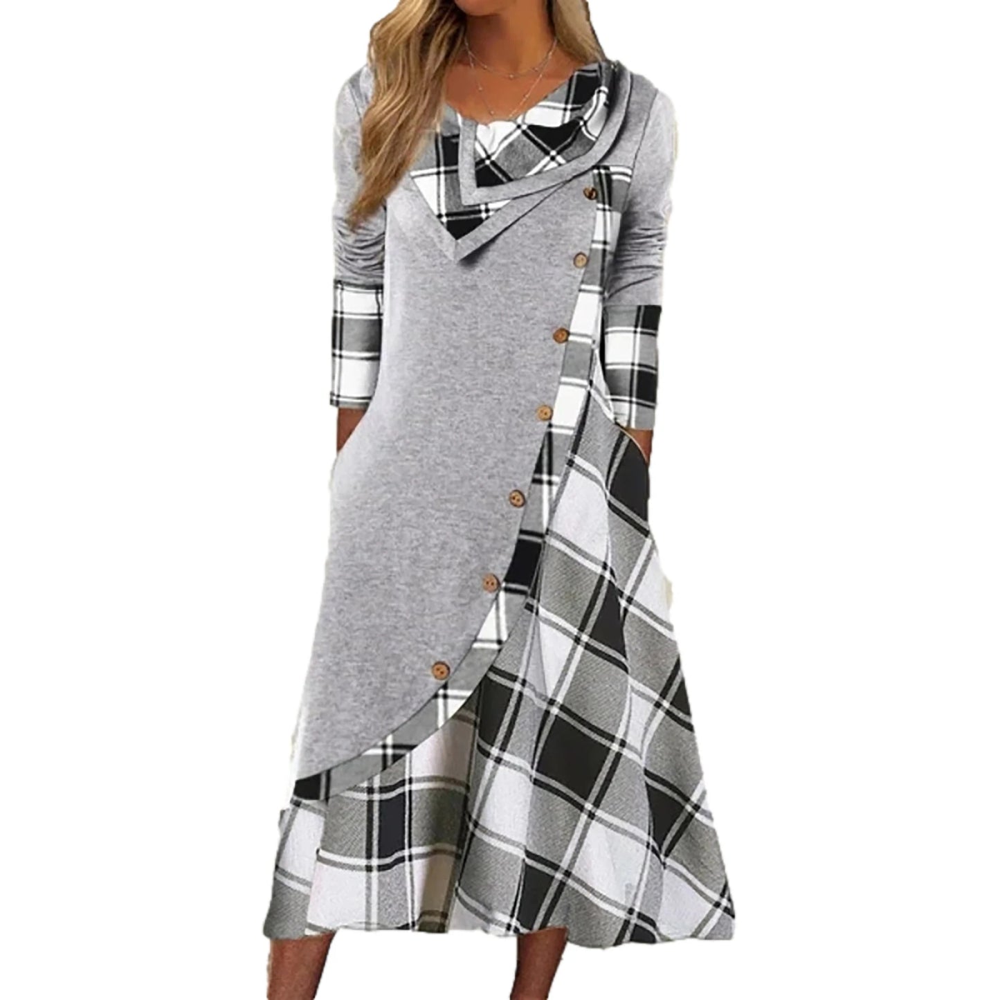 2024 Europe and the United States autumn new women's plaid patchwork button pocket pile pile collar long-sleeved dress women