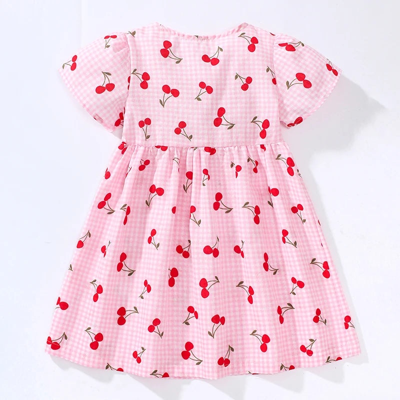 Children's Clothing 2025 Baby Girls Pink Dresses Cartoon Cherry Summer Holiday Dresses Kids Clothes Party Dress asu