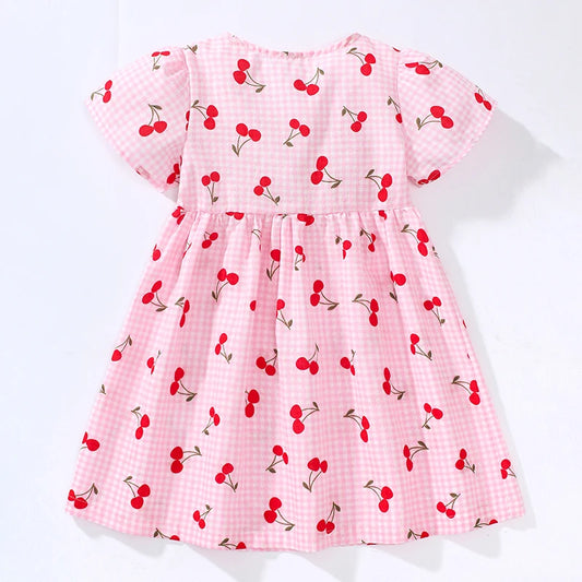 Children's Clothing 2025 Baby Girls Pink Dresses Cartoon Cherry Summer Holiday Dresses Kids Clothes Party Dress asu