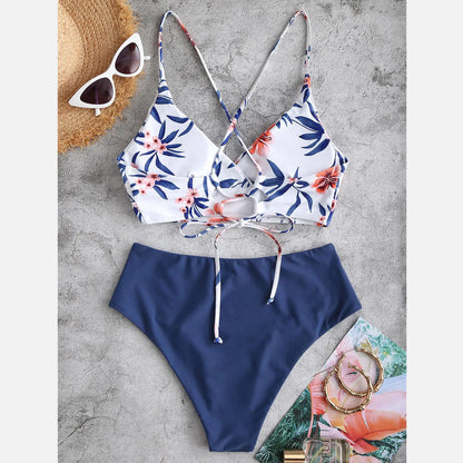 Summer Women's Fashion Printed Bikini Swimsuit Set Sexy Backless Cross Tie Swimsuit Bikini Beach Casual Swimwear Two Piece Set