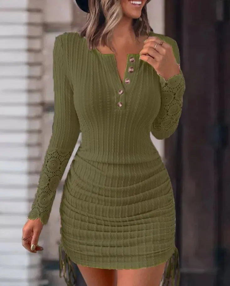 Fashion V-neck Long Sleeve Knitted Bodycon Lace Midi Dress Woman kps