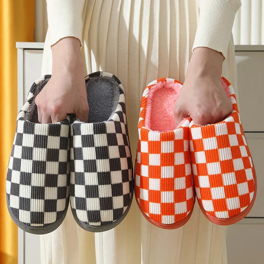 Plaid House Slipper Womens Winter Warm Home Kawaii Cartoon Plush Contton Indoor Funny Cute Fuzzy Floor Shoes Female Checkerboard 7