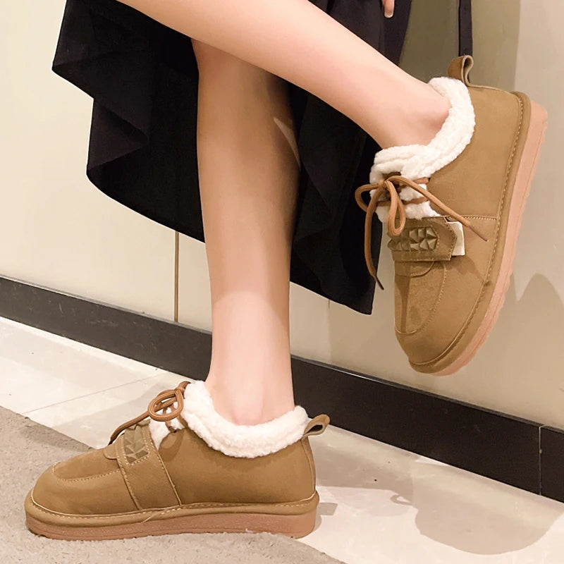 Women Winter Shoes Flats Platform Casual Soft Lace Up Shoes Comfortable Fur Short Plush Warm Fashion Outdoor Solid Boots 36-40