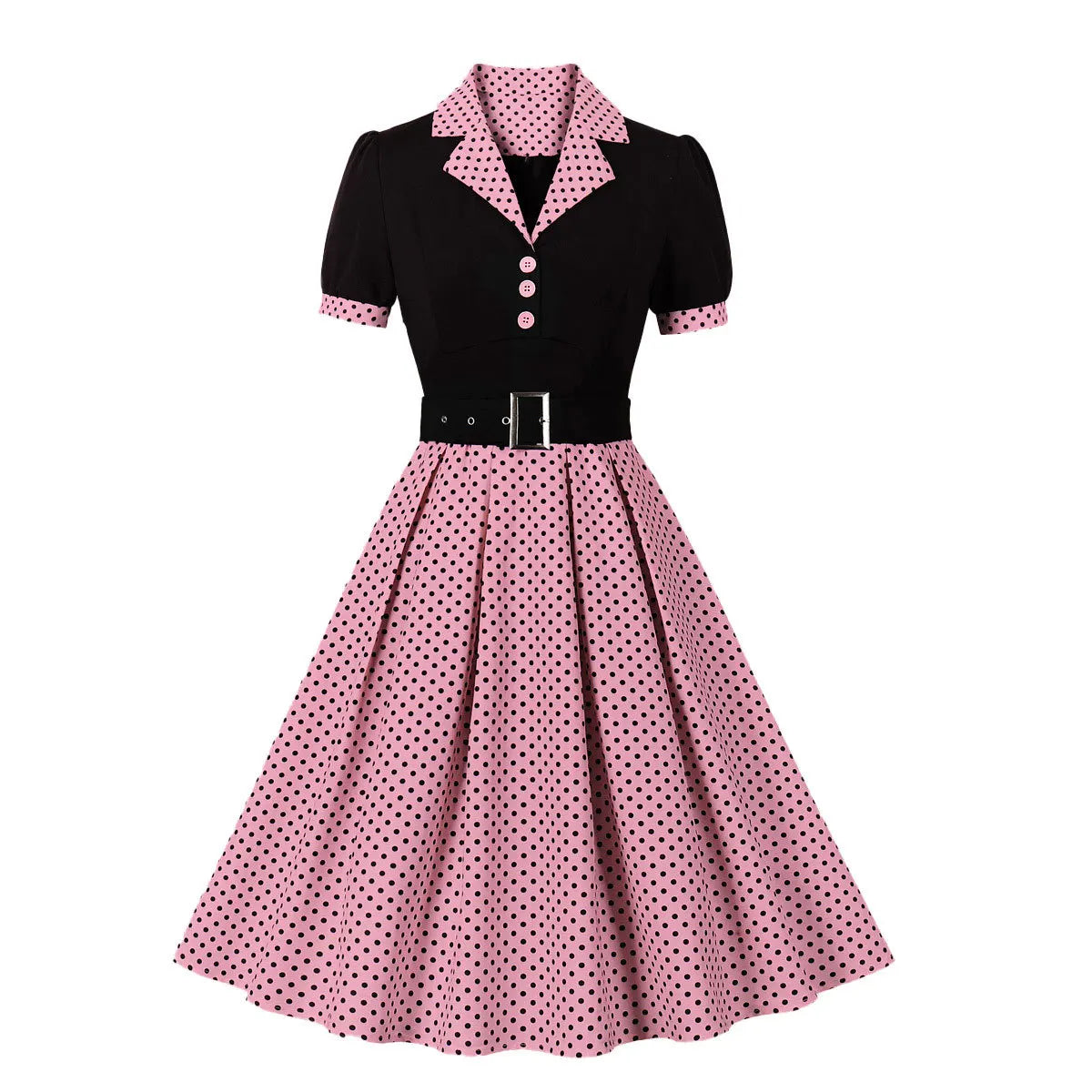 2024 New Fashion Polka Dot Vintage Pleated Dresses Retro Notched Collar Elegant Summer Women Short Sleeve Belted 1950s 60s Dress