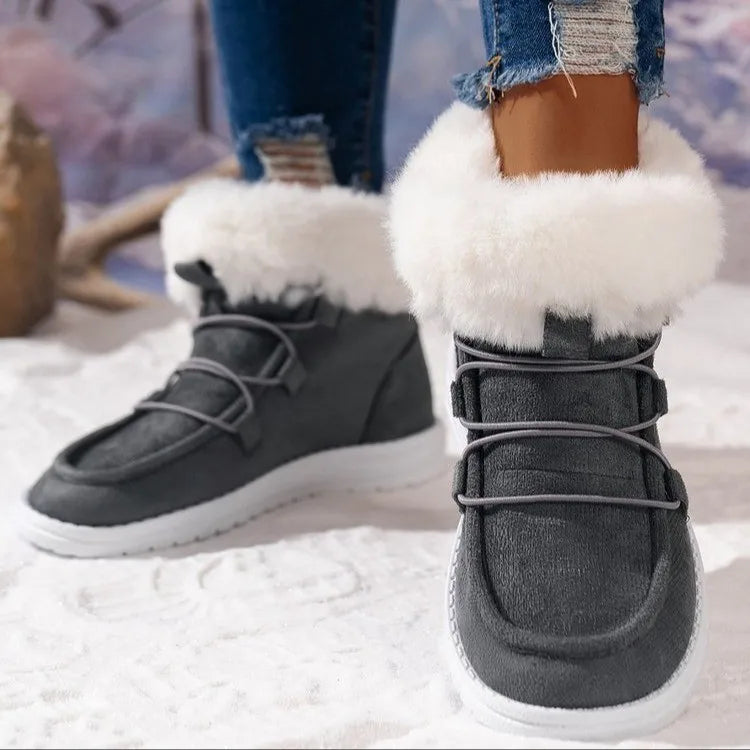 Women's Fashion Solid Color Snow Boots Casual Lace Up Plush Lined Boots Comfortable Winter Ankle Boots