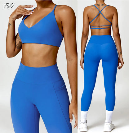 Blue Gym Yoga Sets Women Nude Workout Clothes Soft Elastic Gym Leggings Backless Sports Bra New Sexy Fitness Running Sport Sets