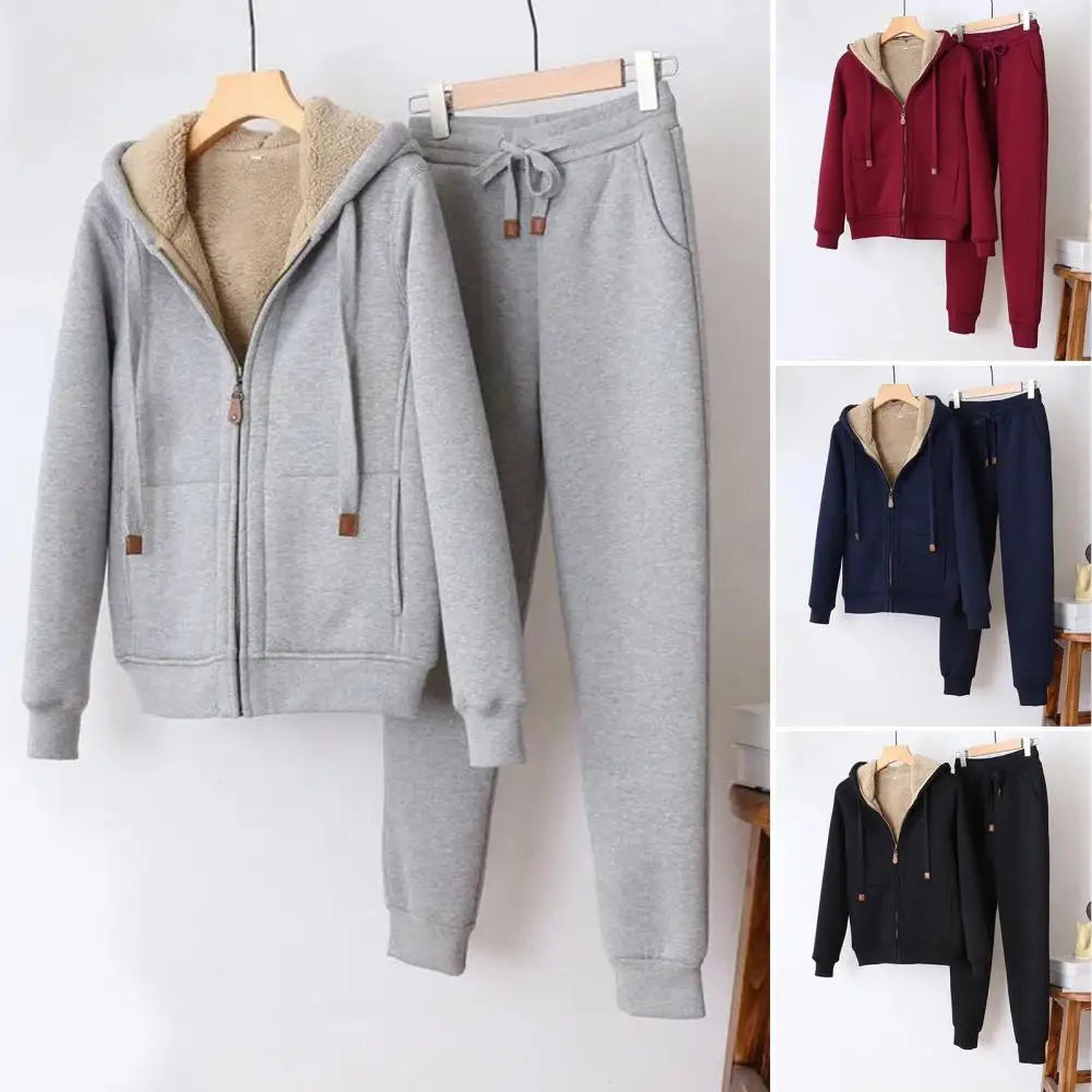 Women's Sweatshirt Pants Suit Autumn and Winter Warm Long-sleeved Fleece Thick Hoodie Coat Jogger Pants Sportswear Two-piece Set wowo