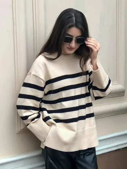 Ladies Striped Knitted Basic Thick Loose Winter Sweater Women Warm Pullover Tops Casual Streetwear Women Sweater Female Jumper 3k