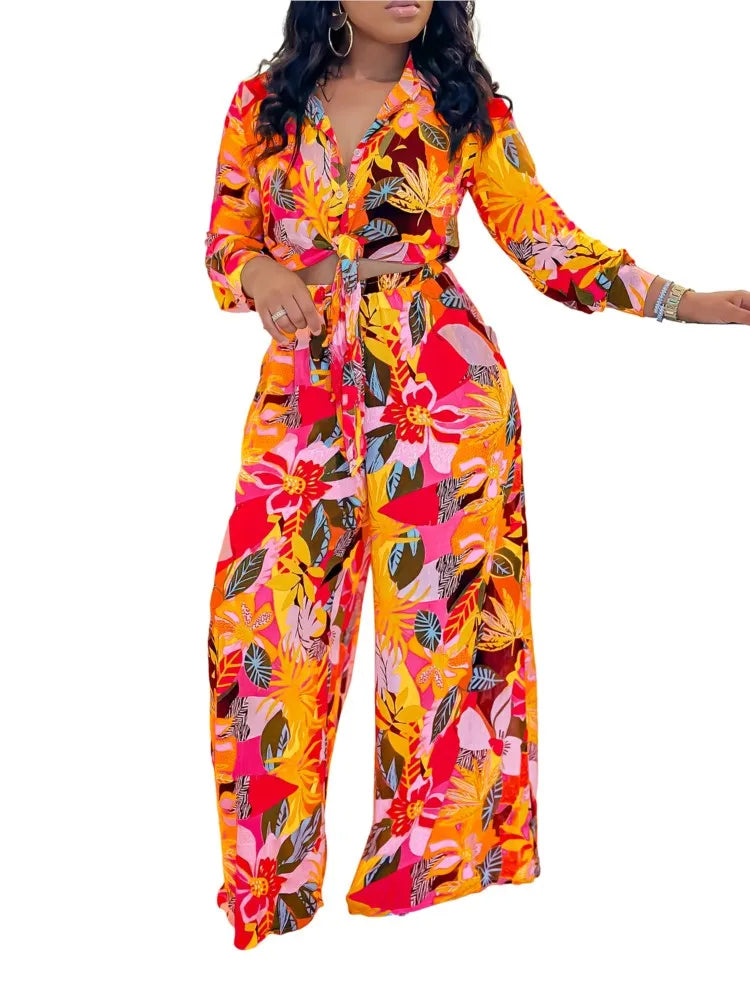 2024 Spring Summer New Long Sleeved Printed Suit For Women Fashion Lapel Single Breasted Shirt Wide Leg Trousers Two Piece Set wowo