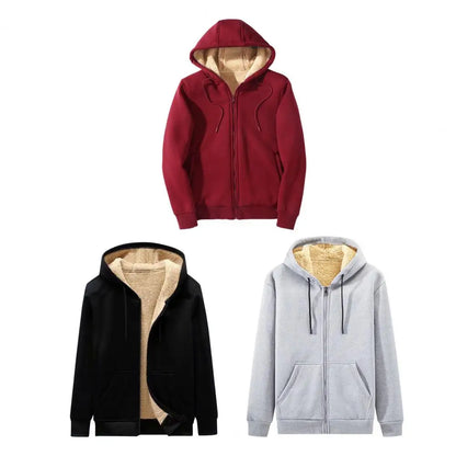 Men Winter Coat Thick Soft Plush Hooded Coat Zip Up Cardigan Long Sleeve Drawstring Pockets Casual Men Jacket