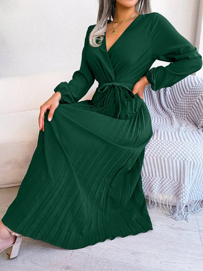 Women Summer Elegant Cross V-neck Swing Pleated Dress Long Maxi Loose Dress Ankle Length Solid Color 3k