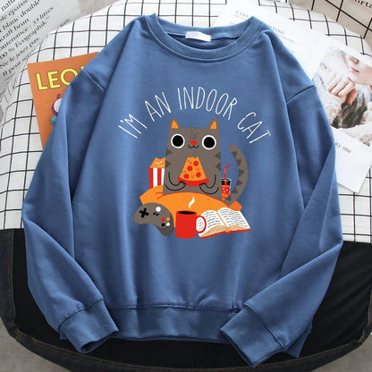 Comfortable All-Math Pullover Crewneck Loose Female Tops Street Women Sweatshirts Cat Sitting And Eating Pizza Printing Hoodies