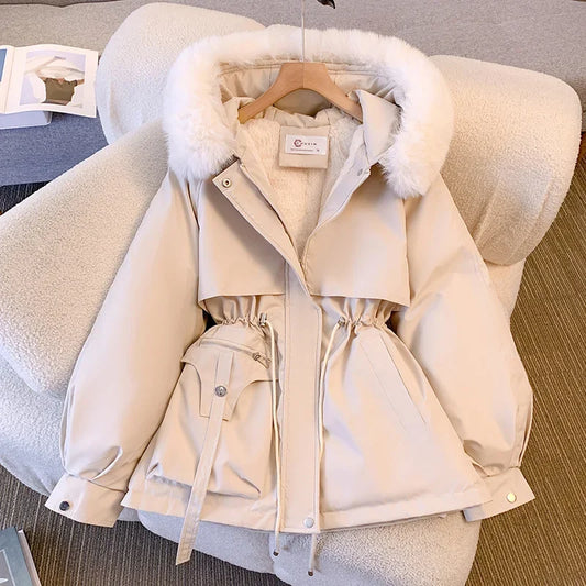 Women's Medium-length Waist-fitted Slimming Hooded Cotton-padded Jacket Warm Fleece Lining Korean Style Autumn/winter Coat