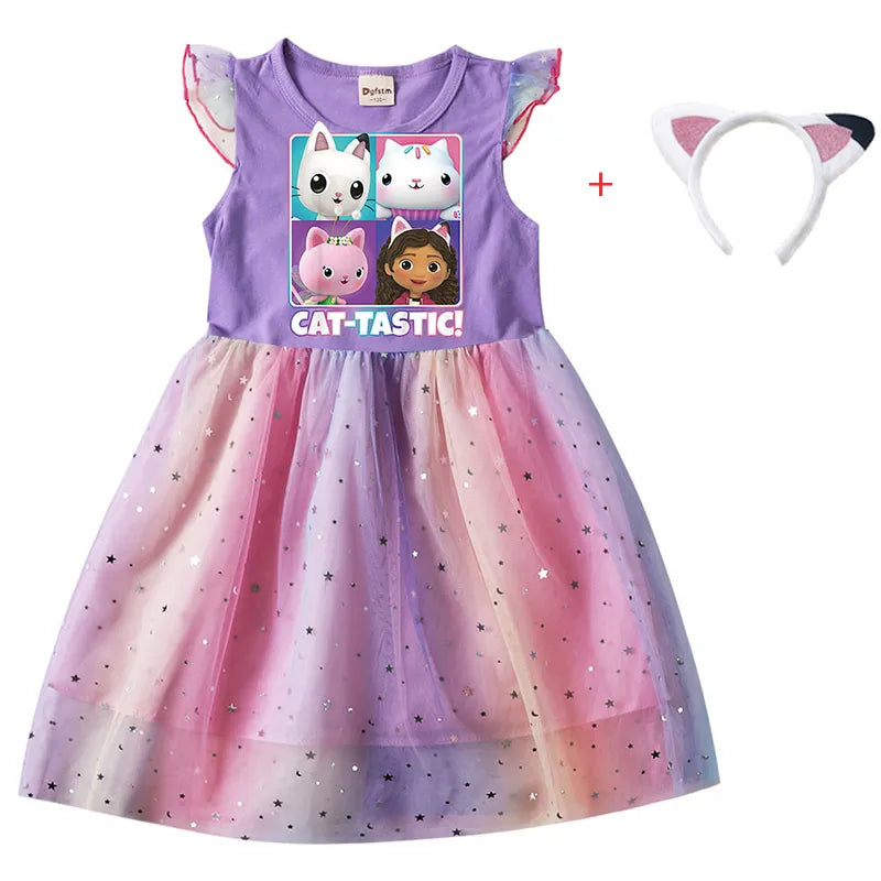 Cartoon Gabby Cats Baby Girl Dresses Kids Gabby's Doll House Clothes Cosplay Costume Children Fly Sleeve Casual Dress + Headband greg