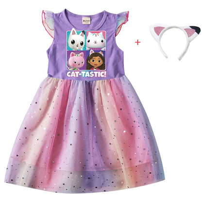 Cartoon Gabby Cats Baby Girl Dresses Kids Gabby's Doll House Clothes Cosplay Costume Children Fly Sleeve Casual Dress + Headband greg