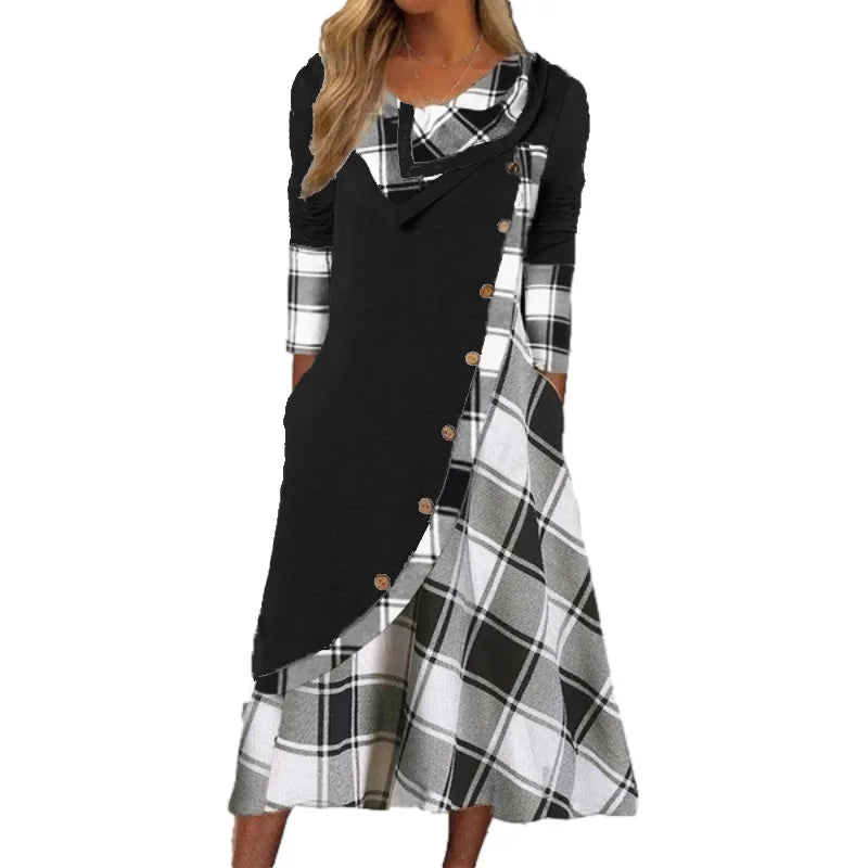 2024 Europe and the United States autumn new women's plaid patchwork button pocket pile pile collar long-sleeved dress women