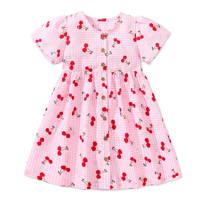 Children's Clothing 2025 Baby Girls Pink Dresses Cartoon Cherry Summer Holiday Dresses Kids Clothes Party Dress asu