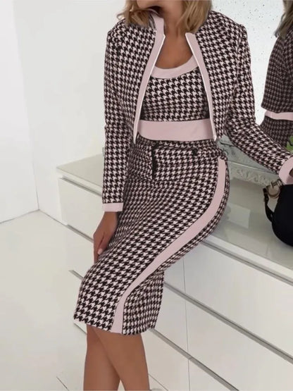 Sexy Slim Print Suit Elegant Office Lady Round Neck Vest Zippered Long Sleeve Jacket Package HipSkirt Three Piece Set 2024 New