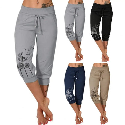 Women Cropped Pants  High Waist Elastic Waistband Drawstring Pockets Dandelion Print Women Casual Sport Pants Streetwear kd