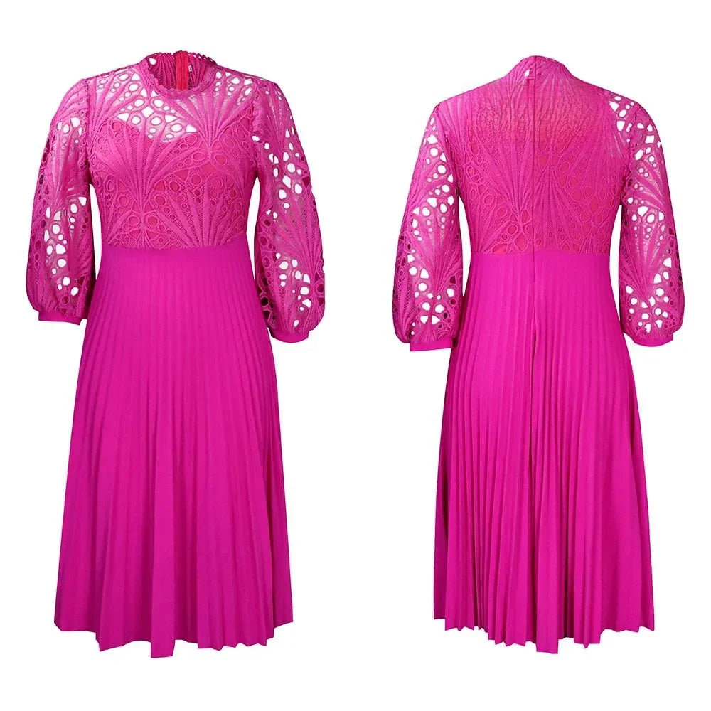 Elegant Lace Patchwork Pleated Hollow Out Sexy Women's Dress African Style Women's Clothing