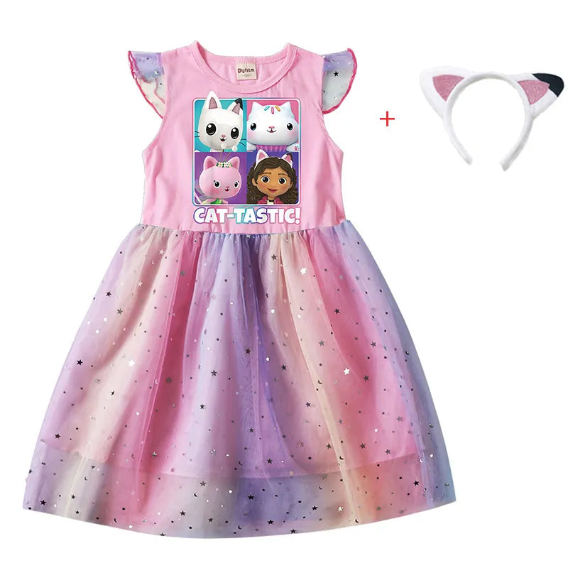 Cartoon Gabby Cats Baby Girl Dresses Kids Gabby's Doll House Clothes Cosplay Costume Children Fly Sleeve Casual Dress + Headband greg