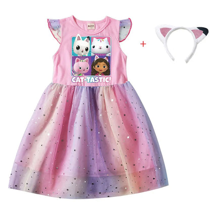 Cartoon Gabby Cats Baby Girl Dresses Kids Gabby's Doll House Clothes Cosplay Costume Children Fly Sleeve Casual Dress + Headband greg