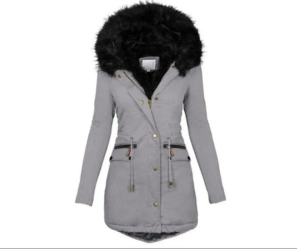 Womens Parkas  Autumn and Winter Solid Color Fur Collar Hooded Mid Length Warm Cotton Jacket for Women K2E