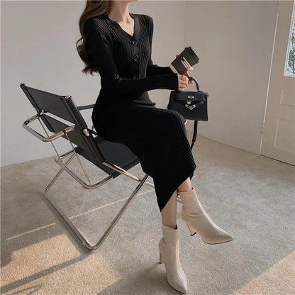 Winter Slim Women Long Dress V Neck Sexy High Waist Knitted Long Sleeve Solid Color Outwear Sexy Women Dress Fashion 3k