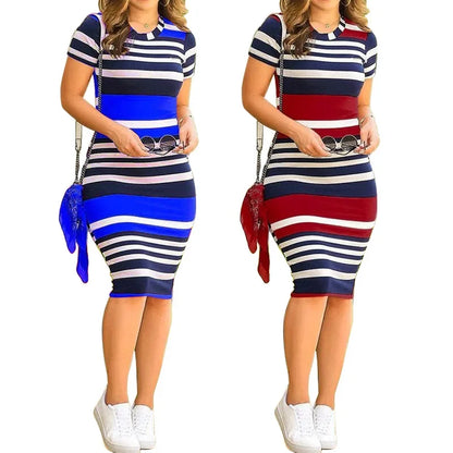 Summer New Women O-Neck Short Sleeve Leaf Striped Print Bodycon Knee Length Dress Sexy Partynight Club Dress