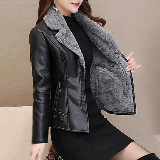 Plush Lapels Faux Faux Leather Jacket For Women Leater Jacket Spring Autumn Slim Fit Cardigan Coat Outerwear Lady Short Jacket