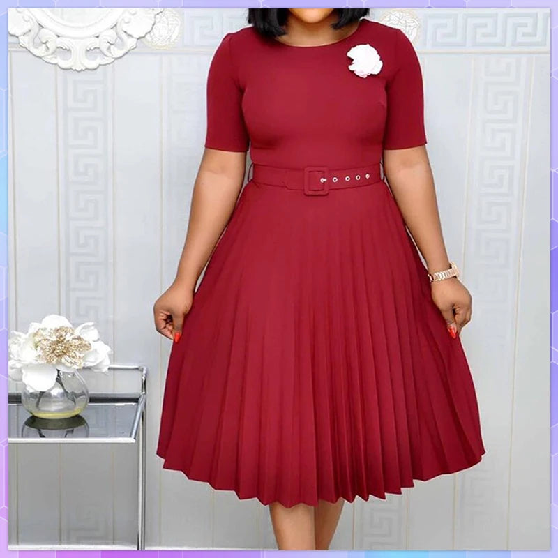 Summer Plus Size Pleated S-5Xl Dress Ladies O-Neck Short Sleeve Solid With Belt Mid-Calf Office Lady Elegant Dresses For Women