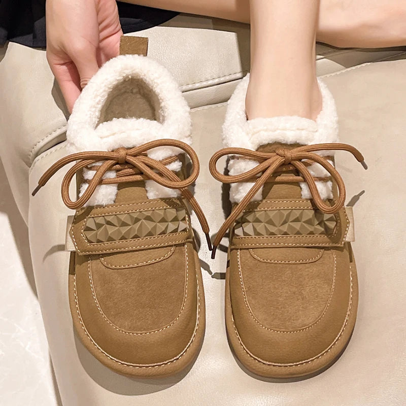 Women Winter Shoes Flats Platform Casual Soft Lace Up Shoes Comfortable Fur Short Plush Warm Fashion Outdoor Solid Boots 36-40