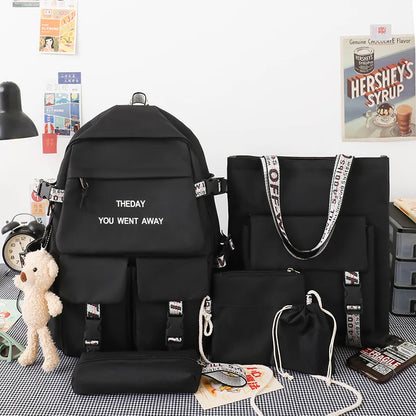 5pc/set Korean School Backpack for Teenager Girls Multi Pocket Students Schoolbag Canvas Women Shoulder Book Bag Laptop Rucksack