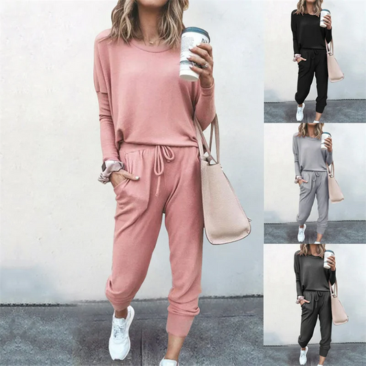 Hot Women's Long Sleeve Round Neck Top and Pants Set Simple Solid  Pajama Set Casual O Neck Two Piece serye