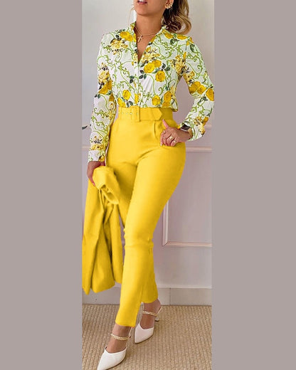 Women Shirt Pants Set Elegant Fashion V Neck Floral Print Long Sleeve High Waist Two Piece Set Office Lady Casual Trousers Suits