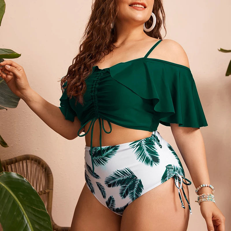 PZHK Plus Size Women Swimwear Ruffled Two Pieces Print Swimwear for Chubby Women Drawstring 4xl Plus Size Swimwear for Fat Women