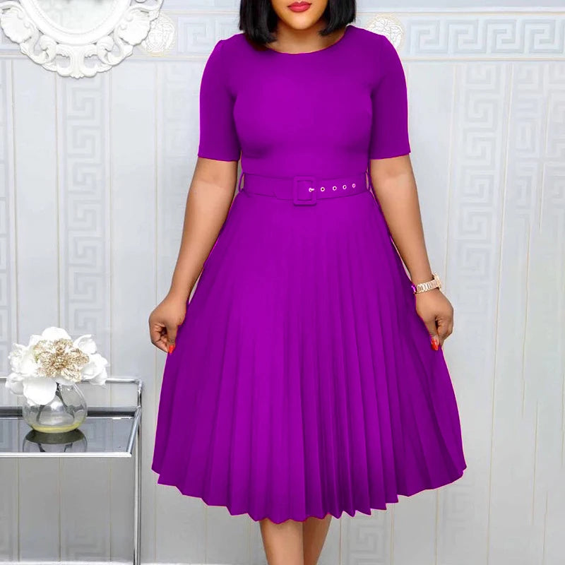 Summer Plus Size Pleated S-5Xl Dress Ladies O-Neck Short Sleeve Solid With Belt Mid-Calf Office Lady Elegant Dresses For Women