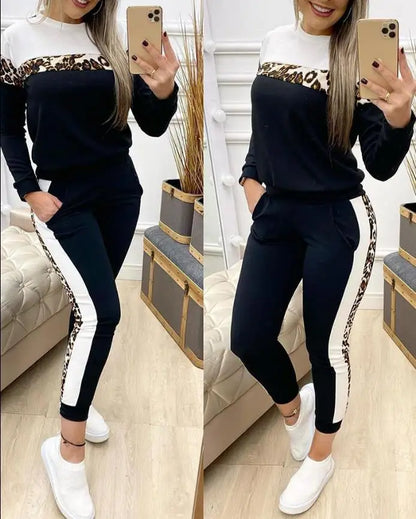 Fashion Two Piece Set Women Outfit 2024 Autumn Cheetah Print Colorblock Long Sleeve Round Neck Top & Casual Sweatpants Set deriluja