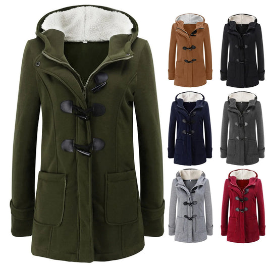 Womens Winter Coats Thicken Sherpa Lined Jacket Fashion Horn Button Hooded Outwear Warm Wool Blended Pea Coat Pockets