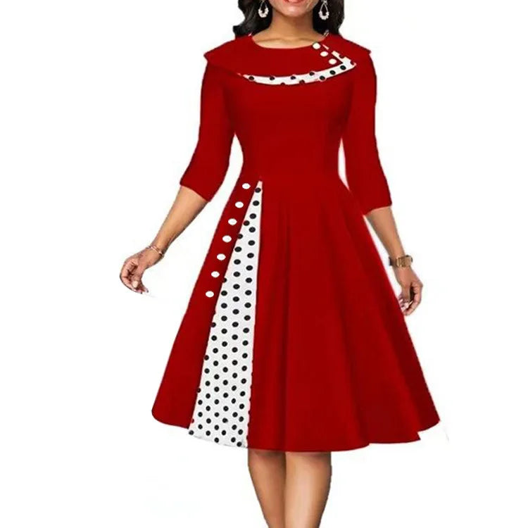 Autumn and Winter New Women's Clothing Retro Polka Dot Waist Skirt Dress Printed Round Neck Elegant Half Sleeve Party Dress