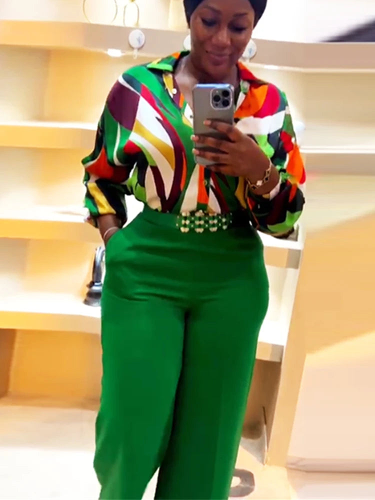 Elegant Women Casual Two Piece Matching Sets African Dashiki Tops And Solid Color Pants Suits Ladies Printed Pantsuits With Belt wowo