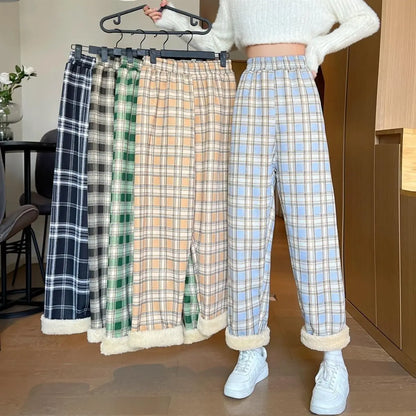 Velvet Warm Plush Pants 2024 New Thick Plaid Women Winter Casual Loose Wide Leg Trousers Korean Streetwear Straight Student Pant