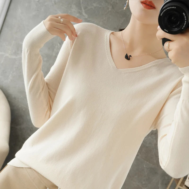 2024 New Fashion Female Cashmere Sweater Women's V-neck Solid Color Pullover Spring Autumn Long Sleeve Clothing Soft Knitwear 3k