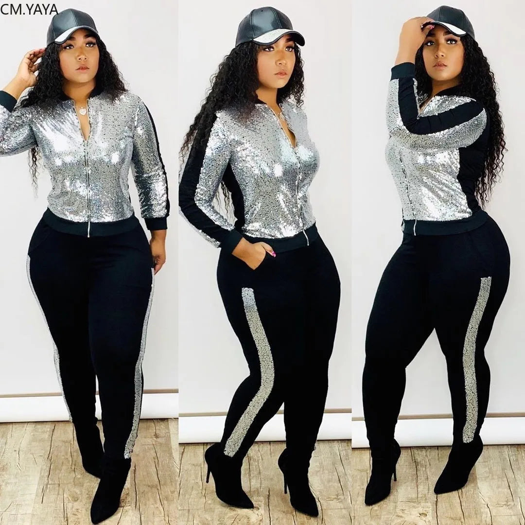 S-3XL Winter Women Set Full Sleeve Tracksuit Sequined Jackets Tops Pants Suit Two Piece Set Night Club Party Fall Outfit G5148