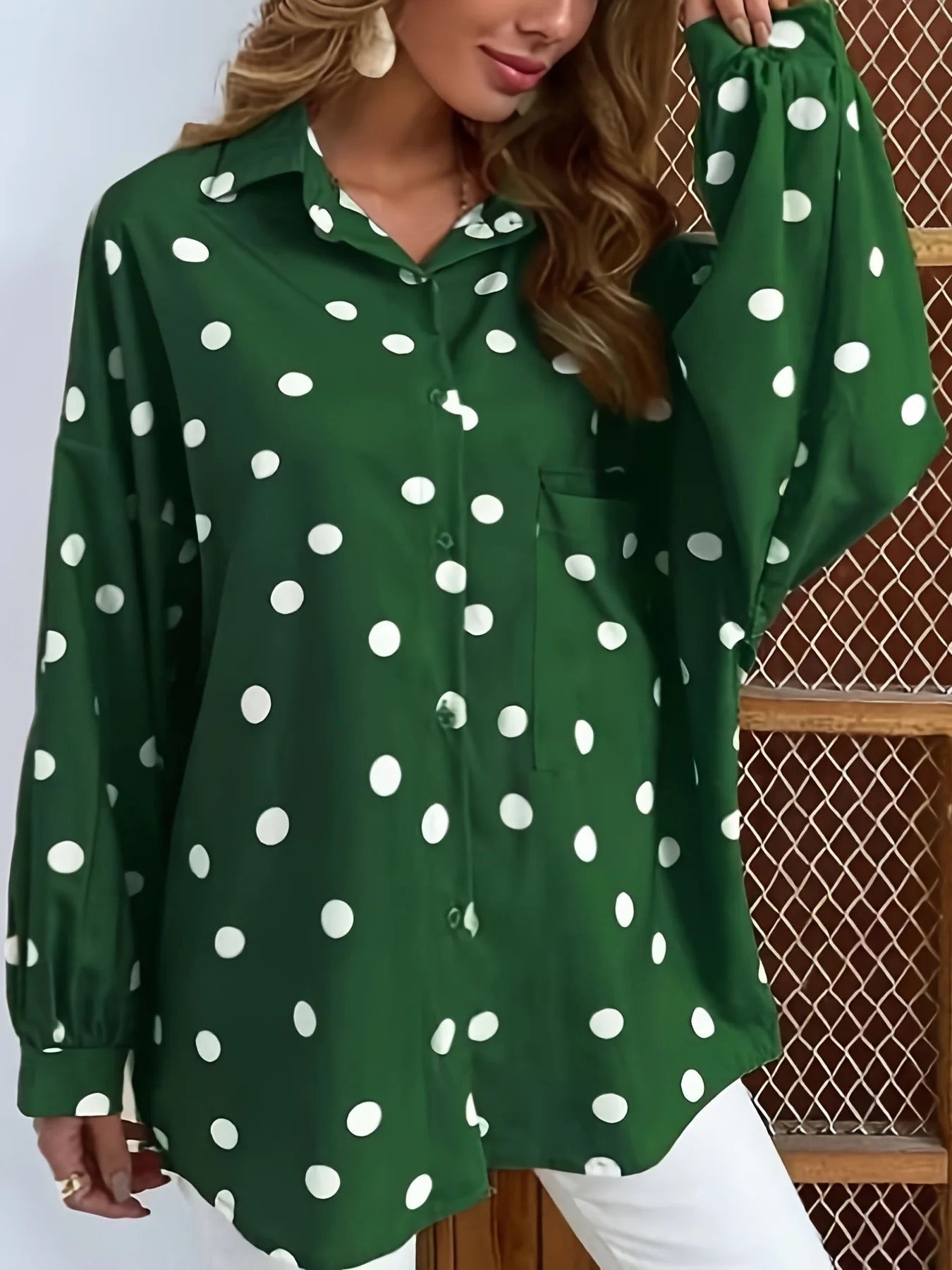 Autumn Women Shirt Green Dot Printing Female Clothing Fashion Elegant Ladies Office Chiffon Blouse Long Sleeve Women Clothes To Gs