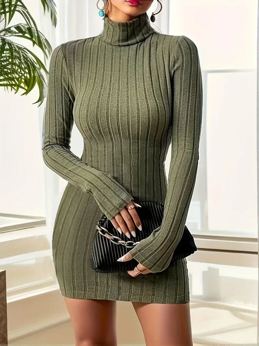 Women's Fashionable and Elegant High Necked Long Sleeved Dress Tight Knit Sexy Slim Fit Short Skirt kps