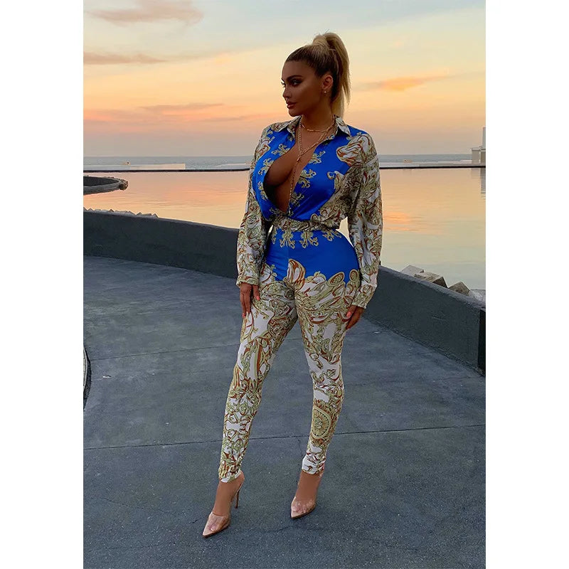 2019 Women Autumn Street Full Sleeve Print Bodysuit & Pants Suit Two Piece Set Casual Sexy Fashion Tracksuit Outfit